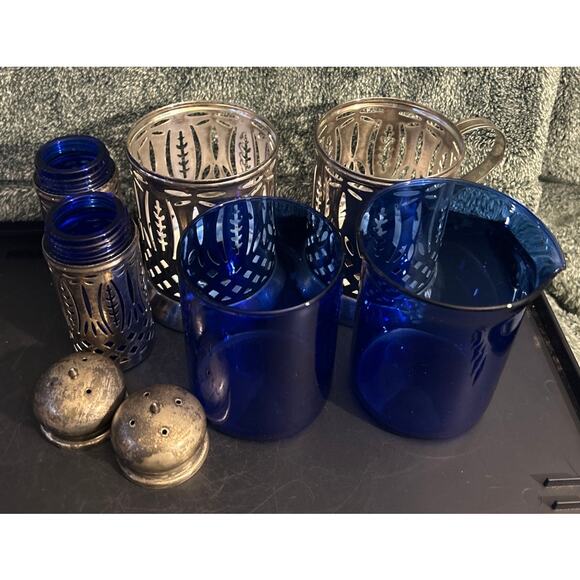 Cobalt Blue Glass Insert Silver Plated Shakers Sugar and Creamer Antique - Picture 3 of 6